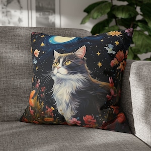 Tuxedo Cat Throw Pillow, Cat Art Print Pillow, Floral Cat Pillow, Cat Lover Pillow Case, Cat Mom Throw Pillow, Living Room Cat Sofa Cushion