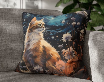 Orange Cat Throw Pillow, Floral Cat Pillow, Art Print Cat Pillow, Cat Lover Pillow Case, Cat Mom Throw Pillow, Living Room Cat Sofa Cushion