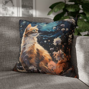 Orange Cat Throw Pillow, Floral Cat Pillow, Art Print Cat Pillow, Cat Lover Pillow Case, Cat Mom Throw Pillow, Living Room Cat Sofa Cushion