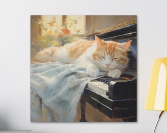 May include: A painting of a ginger cat sleeping on a black piano with white keys. The cat is lying on a light blue blanket. The piano is in a room with a window in the background.
