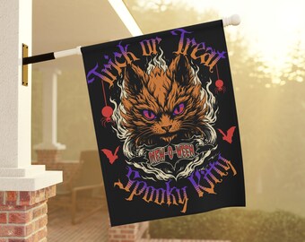 May include: A black Halloween flag with a spooky orange cat with glowing purple eyes. The cat is holding a banner that says "Mew-O-Ween" and the text "Trick or Treat Spooky Kitty" is written in a gothic font.