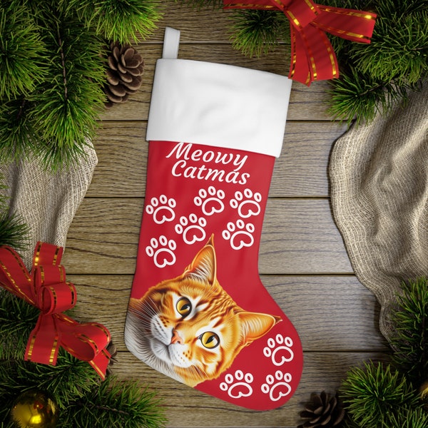 Personalized Cat Christmas Stocking, Custom Cat Farmhouse Stocking, Pet Christmas Stocking, Ginger Cat Stocking, Cat Mom Gift Cat Lover Gift