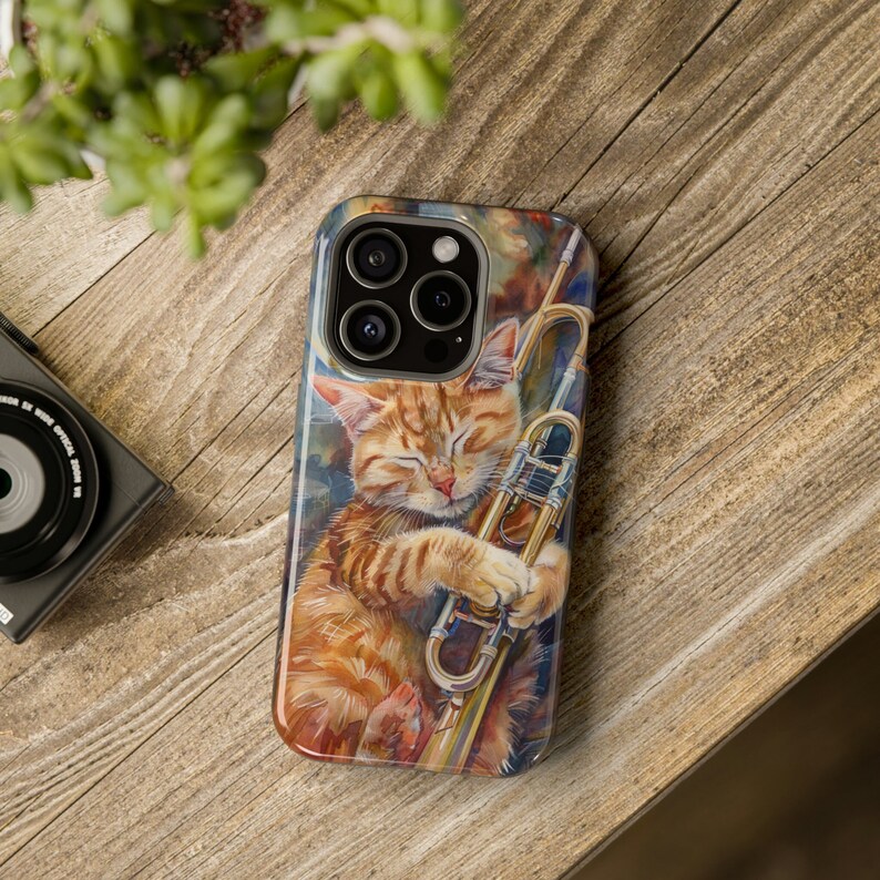 Cat iPhone Case for Apple iPhone 15 14 13 Pro Max, Cat Lover MagSafe Phone Case, Horn Saxophone Music Tuxedo Orange Tabby Cat Mom Phone Case