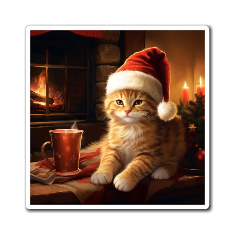 Magneti Cappello di Babbo Natale Gatto annidato accanto al camino Regalo di Natale per il genitore amante del gatto Mamma Cucina di casa Decor Lavagna Magnete per frigorifero Lavastoviglie immagine 1