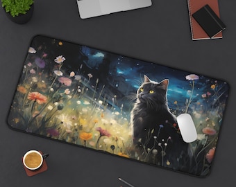 Black Cat Gaming Deskmat, Floral Cat Desk Mat, Flower Cat Gaming Mouse Pad, Art Print Cat Mousepad, Cat Mom Desk Mat, Cat Lover Desk Decor