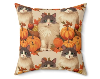 Almohada de tiro de gato de Acción de Gracias, almohada de gato de calabaza, almohada de amante de los gatos, funda de almohada de amante de las mascotas, almohada de tiro de mamá gato, almohada de tiro de gato de vacaciones