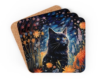 Cat Lover Drinking Coaster Set of 4, Black Cat Coaster, Floral Cat Kitchen Decor, Art Print Cat Table Decor, Cat Dad Mom Coffee Tea Cup Mat