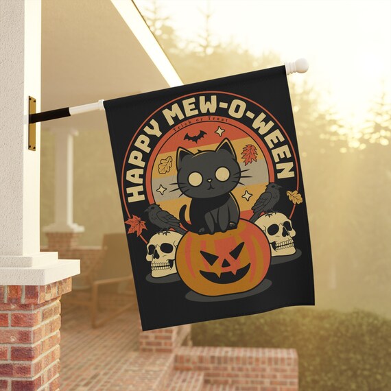 Black Cat Garden Flag, Halloween Garden Banner, Halloween Cat Yard Decor, Halloween Cat Garden Decor, Cute Cat Yard Flag, Fall House Banner
