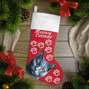 Personalized Cat Christmas Stocking, Custom Cat Farmhouse Stocking, Pet Christmas Stocking, Blue Cat Stocking, Cat Mom Gift, Cat Lover Gift