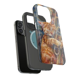 May include: A phone case with a colorful illustration of a cat playing a trumpet. The cat is orange and white with closed eyes. The trumpet is gold and has a red bell.