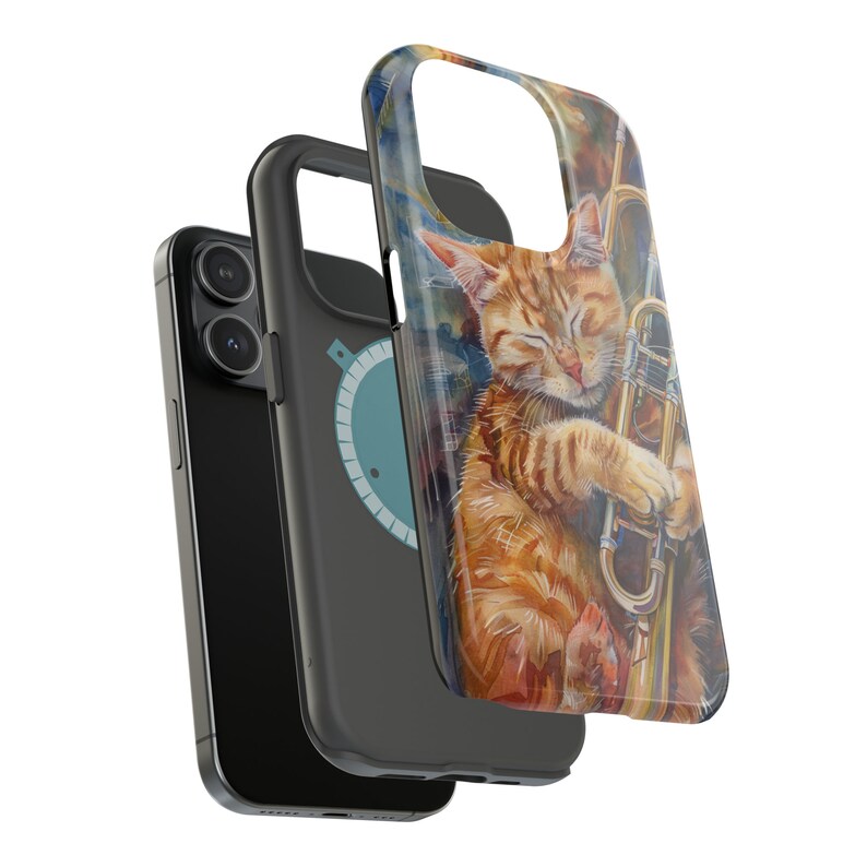 May include: A phone case with a colorful illustration of a cat playing a trumpet. The cat is orange and white with closed eyes. The trumpet is gold and has a red bell.