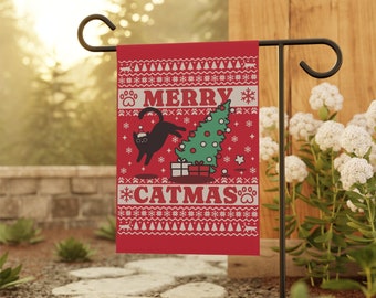 Black Cat Garden Flag, Christmas Cat Garden Banner, Christmas Yard Banner, Merry Christmas Garden Decor, Cute Cat Yard Flag, Fall House Flag