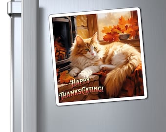 Cat Fridge Magnet, Happy Thanksgiving Cat Magnet, Lounging Cat Magnet, Dishwasher Refrigerator Autumn Decor, Cat Lover Gift, Cat Mom Gift