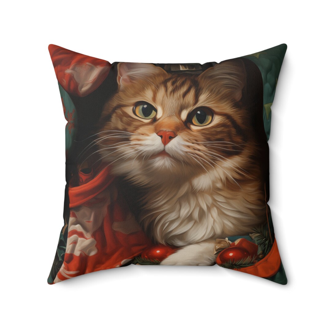 Christmas Cat Throw Pillow, Xmas Cat Pillow, Cat Lover Pillow, Pet