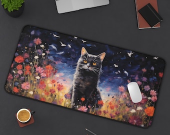Alfombrilla de escritorio para juegos de gato negro, alfombrilla de escritorio para gato floral, alfombrilla de ratón para juegos de gato con flores, alfombrilla de ratón para gato con estampado artístico, alfombrilla de escritorio para amantes de los gatos, decoración de escritorio para persona con gato