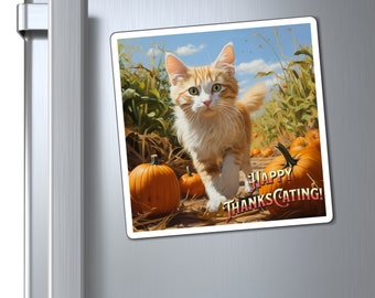 Personalized Cat Fridge Magnet, Happy Thanksgiving Cat Magnet, Pumpkin Cat Magnet, Kitchen Dishwasher Refrigerator Magnet, Cat Lover Gift