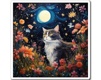 Cat Fridge Magnet, Floral Cat Magnet, Art Print Cat Magnet, Tuxedo Cat Magnet, Dishwasher Refrigerator Magnet, Kitchen Decor, Cat Lover Gift
