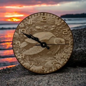 May include: A wooden clock with a carved sea turtle design. The clock face has Roman numerals and is set against a background of ocean waves and coral. The clock is sitting on a sandy beach with a sunset in the background.