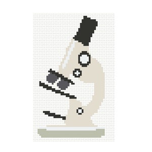 May include: A white and black microscope with a black base and a white body. The microscope has a black lens and a black arm.