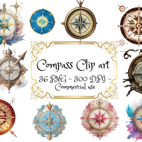 Compass Clip Art Bundle - Watercolor Magical Compass, Steampunk Compass, PNG clipart, Nautical Clipart, Instant download, commerical use