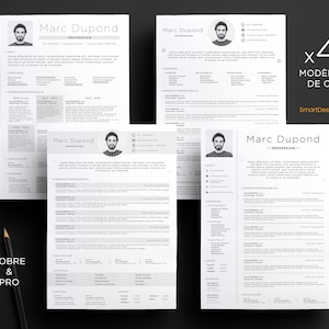 Plantilla de CV, carta de presentación, francés, compatible con Mac y PC, formato Word y Pages, 4 opciones diferentes, sobrio, elegante, profesional.
