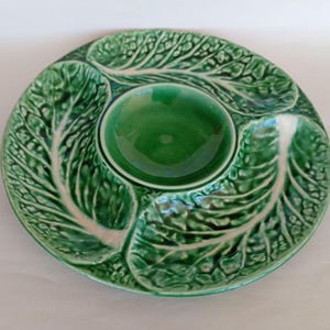 Vintage Majolica serveringsfat Grönt bladfat Botanisk keramisk mittpunkt