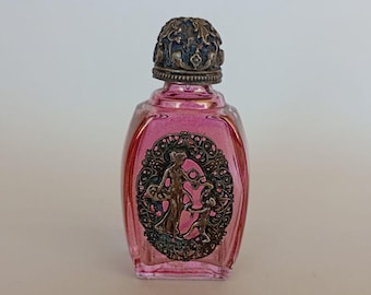 Kleine Rosa Glas Parfüm Flasche Pewter Pewter Lady & Cherub Overlay