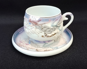 Antique Dragonware Lithophane Geisha Eggshell Porcelain Cup and Saucer Blue Lusterware Japanese