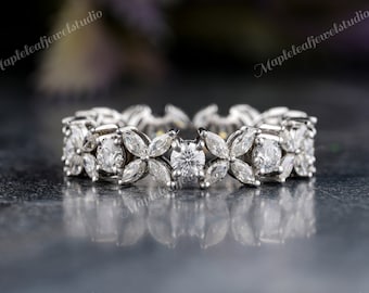 Art Deco Four leaf Flower Moissanite Wedding Band Marquise and Round Half Eternity Band 10/14/18K Yellow Gold  Eternity Band  Vintage  Band