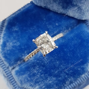 2 CT Cushion Cut Moissanite Diamond Ring, Half Pave Eternity wedding Band, Hidden Halo Moissanite engagement Ring, Bridal Promise Ring