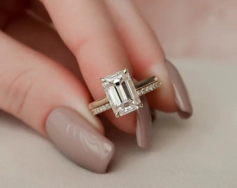 2 Ct Emerald Cut Bridal Wedding Ring Sets, Emerald Cut Solitaire Engagement Ring, Hidden Halo Diamond Ring, Emerald Cut Moissanite Ring