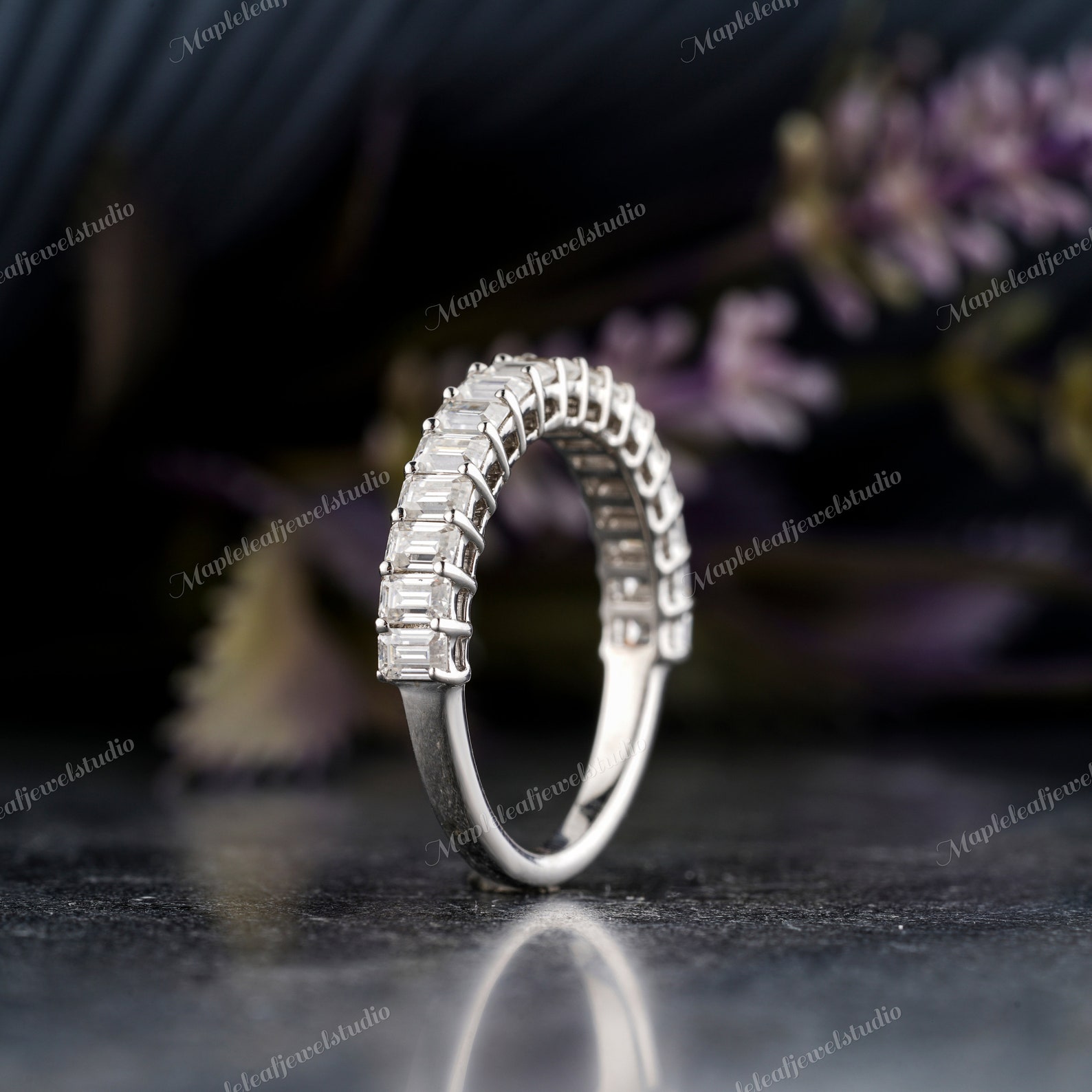 Unique Half Eternity Emerald Cut Moissanite Wedding Band Vintage 14K