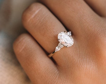 2 Carat Oval Moissanite Diamond Ring, Oval Engagement Ring With Pear Side Stone, Diamond Anniversary Rings, Unique Anniversary Rings For Her