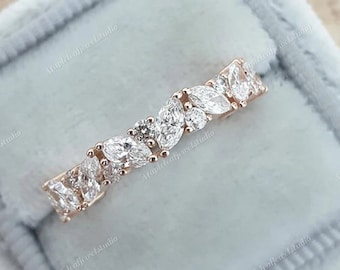 0.90 Ct Marquise And Round Cut Diamond Wedding Band Moissanite Engagement Ring Half Eternity Anniversary Band Bridal Matching Stackable Band