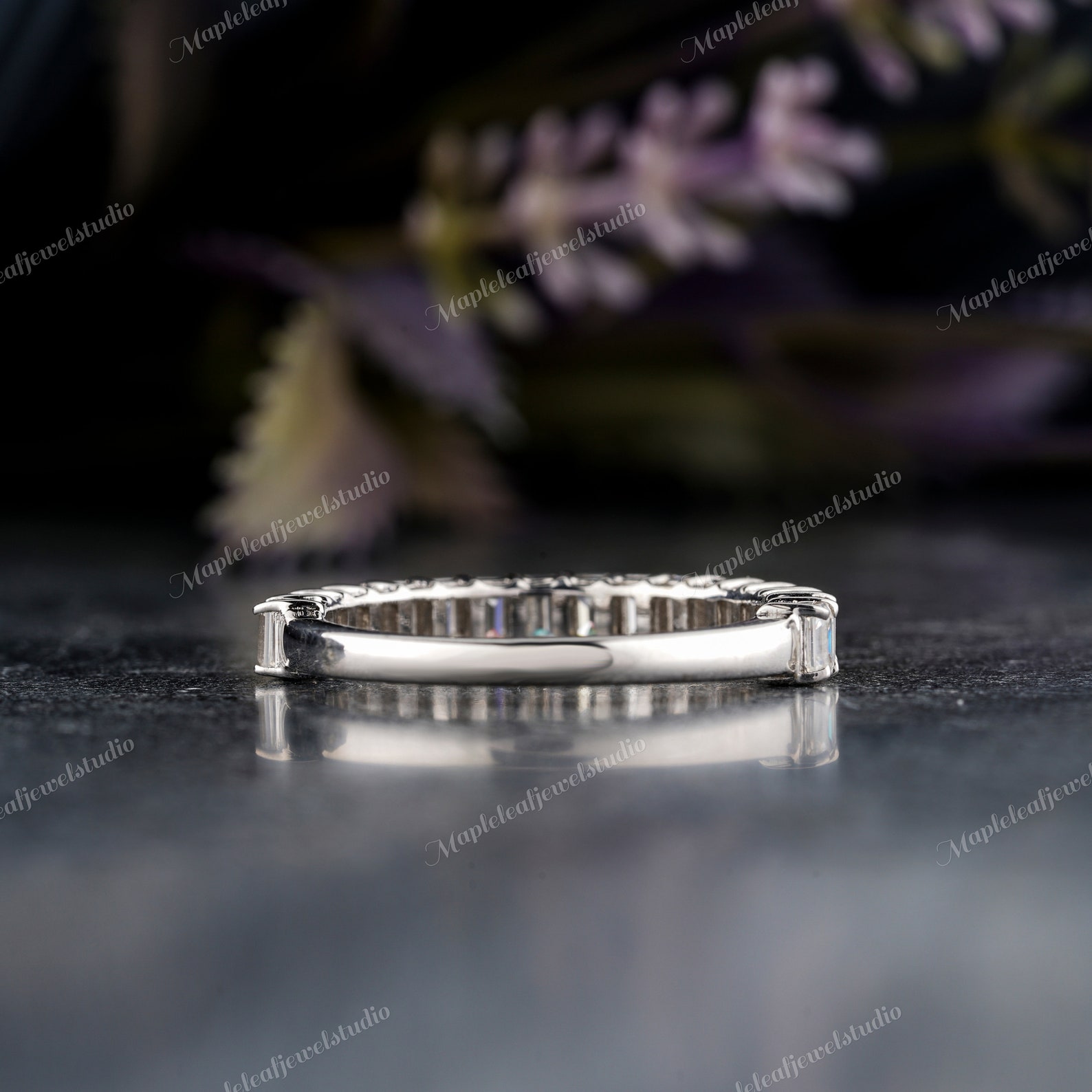 Unique Half Eternity Emerald Cut Moissanite Wedding Band Vintage 14K