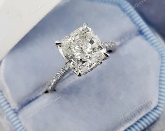 Cushion Cut Moissanite Engagement Ring, Hidden Halo, 14K Gold