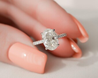 Anillos de diamantes ovalados con halo oculto de 2 quilates, anillos de compromiso de talla ovalada, anillo de moissanita con engaste pavé para mujer, anillos de aniversario para ella