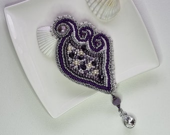 Purple beads brooch, Embroidered textile brooch, Handmade beads embroidered brooch, Elegant brooch with pendant, Gift for a women