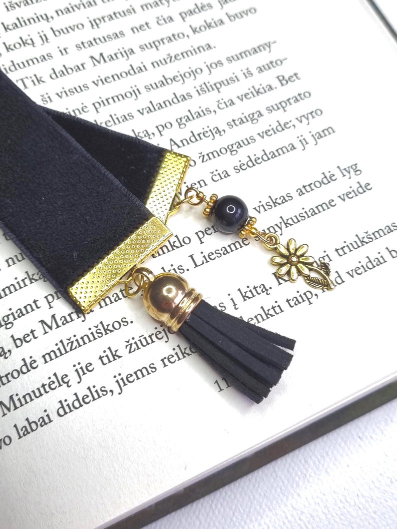 Black bookmark with tassel and  Czech glass beads pendant and flower pendant