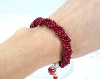 Red bracelet, Handmade seed bead bracelet, Red beads bangle, Bracelet with pendant, Crochet Seed Bead Bangle, Gift for a woman, Gift for Mom