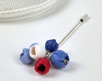 Blaue und rote handgemachte Brosche, Fimo Blumen Schmuck, Brosche mit Pin, Elegante Brosche für Frauen, Muttertag Geschenk
