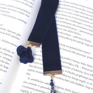 Dark blue bookmark with fabric flower and glass beads