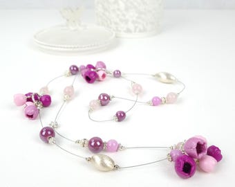 Handgemachte rosa Halskette, Lange Perlenkette, Halskette aus Fimo, Fimo Schmuck, Perfektes Geschenk für Frauen, Ein Geschenk für eine Mutter