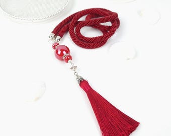 Red boho style necklace, Handmade  jewelry, Crochet seed bead necklace, Necklace with silk tassel and pendant, Gift for woman, Jewelry set.