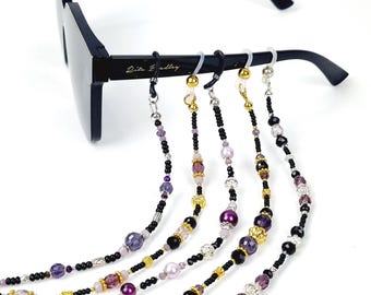 Handgemachte Brillenkette, Perlen Brillenband, Schwarz Lila Brillenkette, Brillenhalter, Geschenk für Frau, Geschenk für Mama