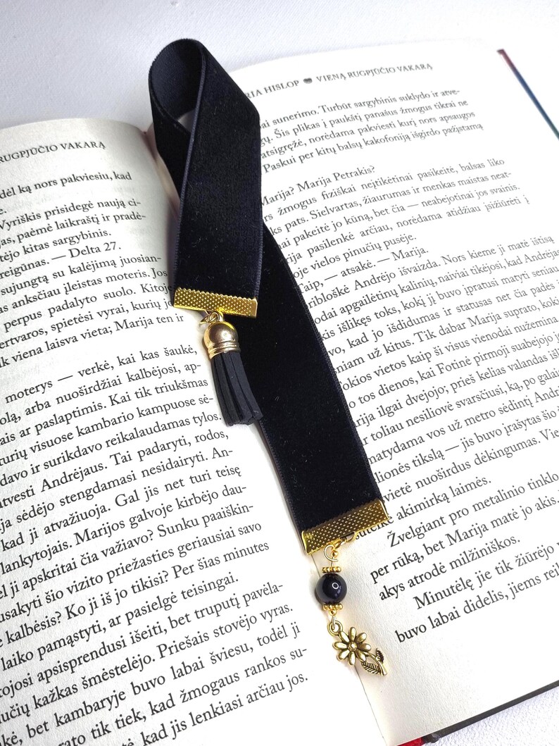 Black bookmark with tassel and  Czech glass beads pendant and flower pendant