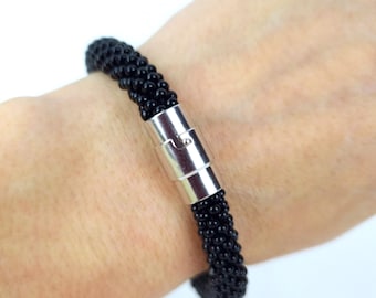 Black handmade bracelet, Black beads bangle, Nepal bead bracelet, Crochet Seed Bead Bangle, Bracelet for women, Gift for women, Gift for Mom