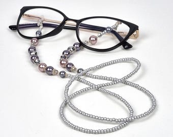 Graue Brillenketten, Handgemachte Brillenbänder, Brillenkettenhalter, Graue Brillenbänder, Geschenke für Frauen, Geschenke für eine Mutter