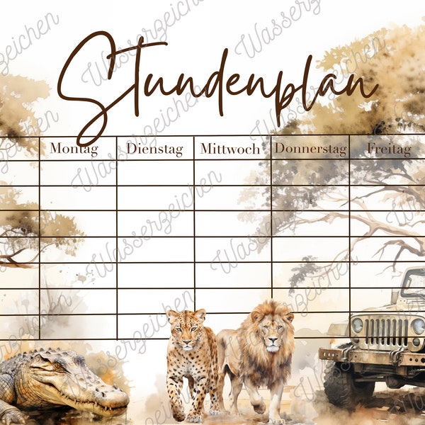 Stundenplan Safari, Afrika, Löwe, Einschulung, Timetable, Themen Stundenplan, Junge, Mädchen, Abenteuer, Individueller Stundenplan, Aquarell