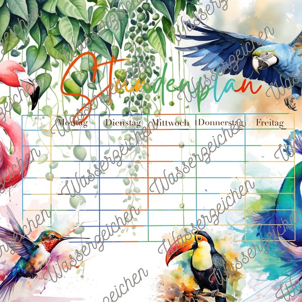 Stundenplan exotische Vögel. Farbenfrohen Lernreise, Stundenplan, exotische Vögel, Natur, Vielfalt, Schönheit, Lernen, Schule